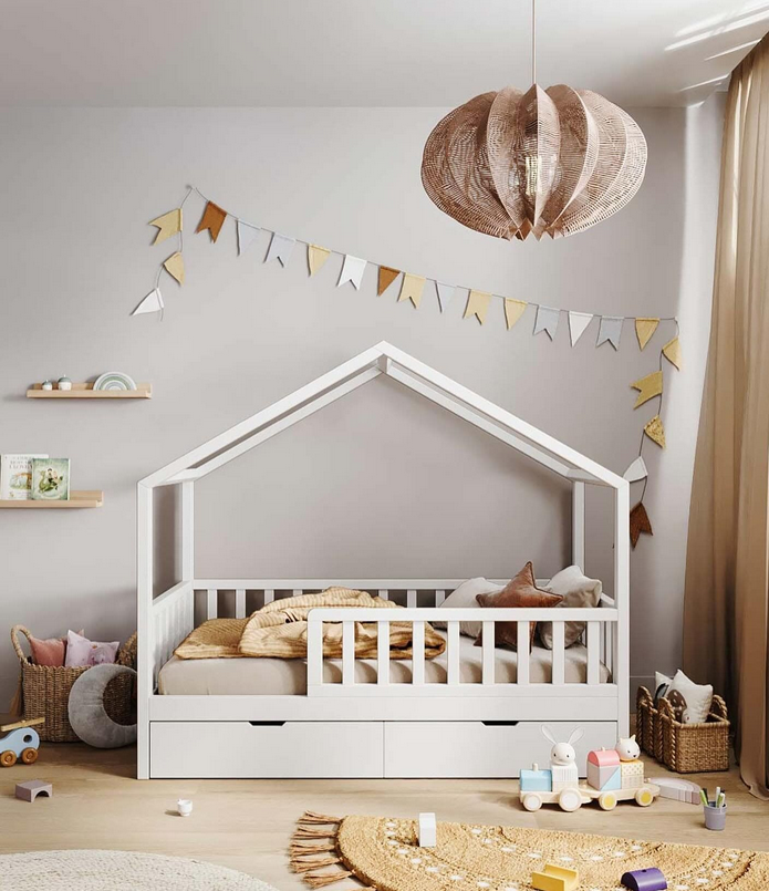 Classic children's house bed with a pitched roof