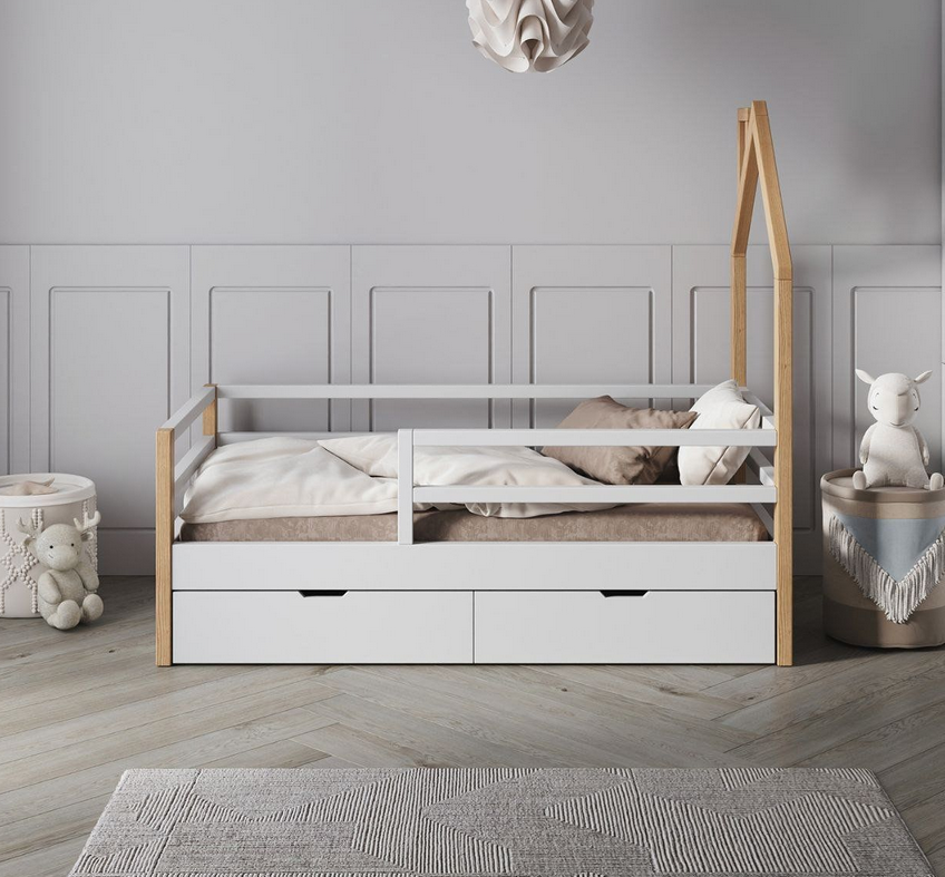 Children's half-house bed with a graphic roof outline