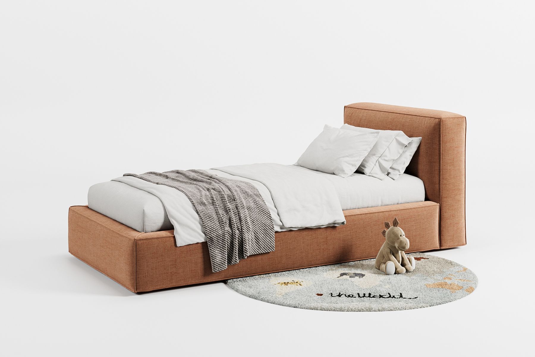 Upholstered children's bed with a removable cover in a calm tone