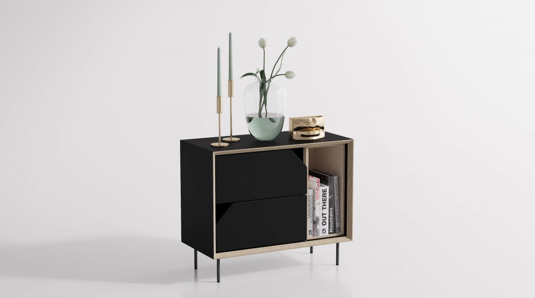 A black bedside cabinet Origami Maxi with two drawers and an open niche holding books